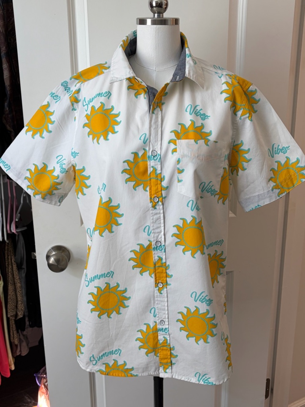 Free Planet White Short Sleeve Shirt with Yellow & Teal Sun Print
